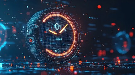Futuristic digital clock with intricate glowing mesh lines representing the concepts of time management data analytics and productivity in a modern business setting