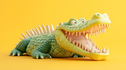Fototapeta premium A cartoon crocodile with a toothy grin on a yellow background.