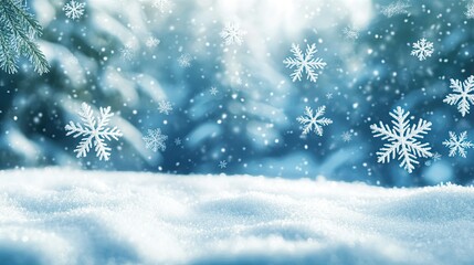 Snowflakes falling gently in front of a blurred winter forest, space for text at the top