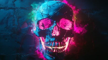 Fototapeta premium A neon-colored skull with bold, abstract patterns radiating from its form, featuring electric blue, neon pink, and green accents glowing brightly against a dark urban wall.