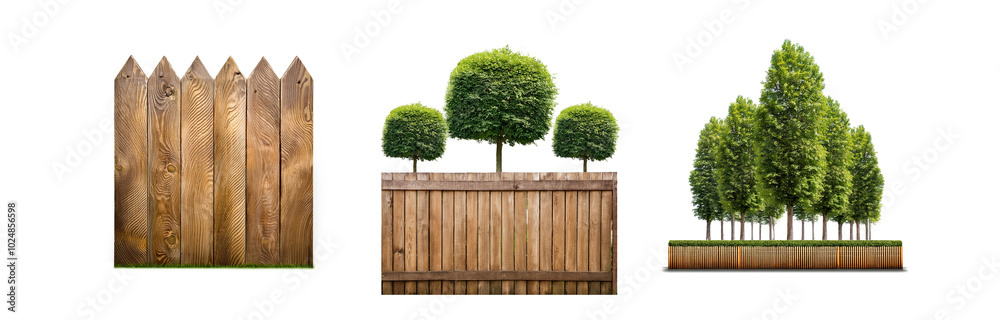 Poster three different wooden fences, each with a different type of greenery, are shown against a white bac