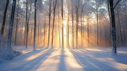 Snowy forest clearing with sunbeams filtering through the trees, room for copy in the sky