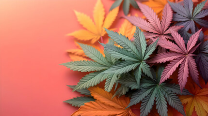 Colorful cannabis leaves arranged on a gradient background.