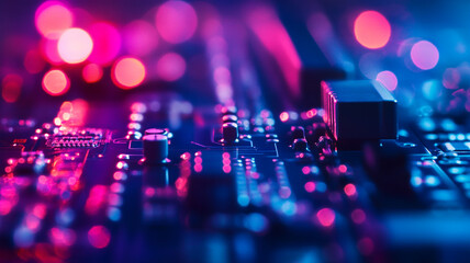 Fototapeta premium Close-up view of a circuit board illuminated by colorful lights at a tech event