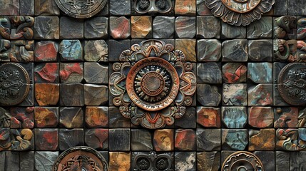 A close-up of a wall made of various textured tiles in black, brown, orange, and blue.