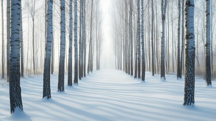 Naklejka premium Snowy path leading through a forest of bare trees, open space for text or design elements