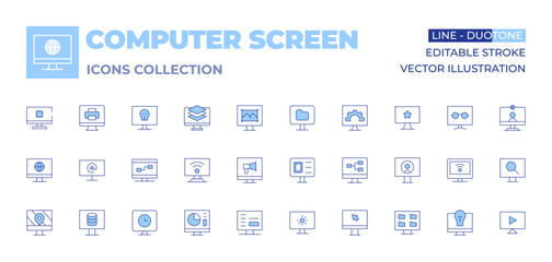 Computer screen icons collection. Line Duotone style, editable stroke. idea, settings, share, reading mode, computer, tv, screen, arroba, search, loading, video call, watching tv, layers