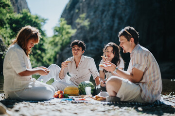 A group of friends sharing food and laughter during a sunny picnic by the riverside, surrounded by nature and cliffs. Perfect for depicting outdoor leisure and friendship.