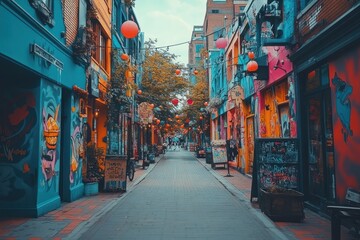 Naklejka premium A colorful street lined with shops and decorated with red lanterns.