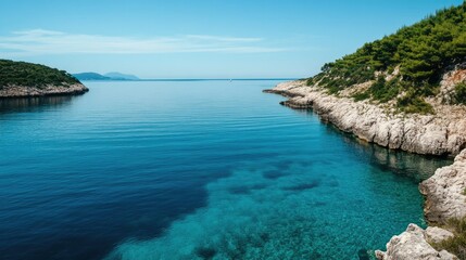 The calm, blue sea in a European coastal setting with wide open copy space above. No people or boats in sight