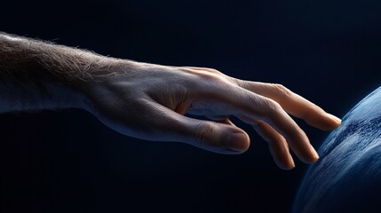 Human hand reaching out towards a small Earth-like sphere against a dark background, symbolizing connection and exploration.