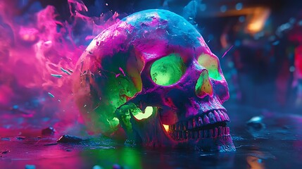 Fototapeta premium A skull breaking apart into vivid graffiti splashes and swirling lines, its form dissolving into abstract shapes of neon green, blue, and pink. The glowing colors contrast sharply against the dark,