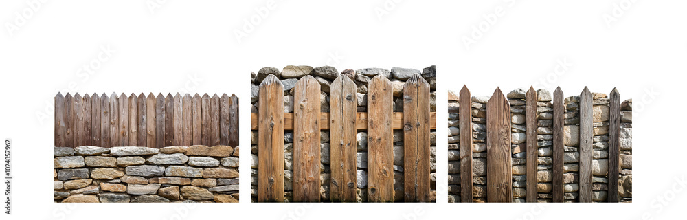 Poster A rustic wooden fence with a gate, partially constructed with stacked stones.