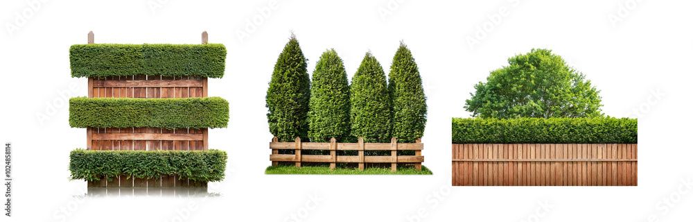 Poster a white background with three different wooden fences with green hedges and bushes on top.
