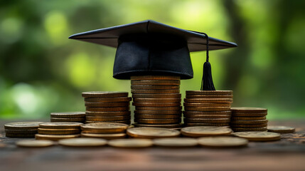 Graduation cap on a stack of coins symbolizing education investment.