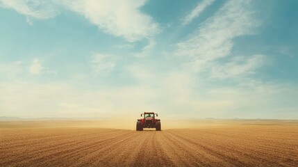 Fototapeta premium Tractor planting seeds in a vast field, with open sky providing space for copy. No people in the scene