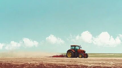 Fototapeta premium Tractor spreading fertilizer on a farm, with open space in the sky for text. No people in the scene
