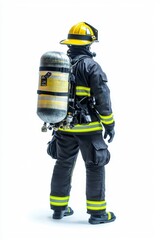 Fototapeta premium A young firefighter, wearing a fireproof uniform, walks toward the camera holding a helmet in his hands.
