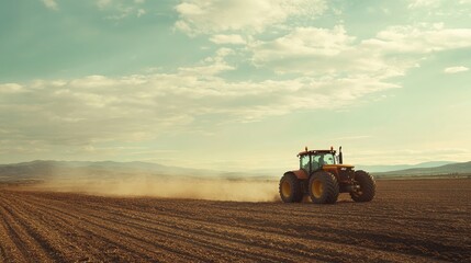 Obraz premium Tractor spreading fertilizer on a farm, with open space in the sky for text. No people in the scene