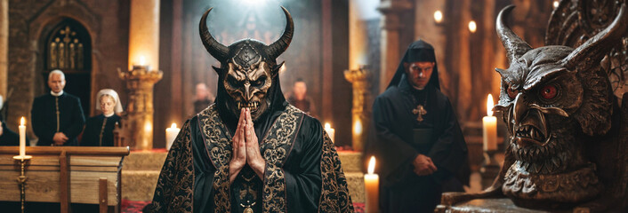 demon praying with satanic candles in underground church