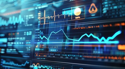 Fototapeta premium Close-up digital screen showing line graph with upward and downward trends, symbolizing cancer research progress and setbacks, medical charts and scientific symbols in background.