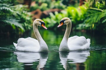 Obraz premium Couple of swans swimming on a calm lake An elegant pair of swans swimming in sync on a smooth lake surrounded by lush vegetation.