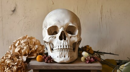 Artistic Display of a Human Skull Surrounded by Dried Flowers and Natural Elements, Perfect for Educational and Decorative Purposes