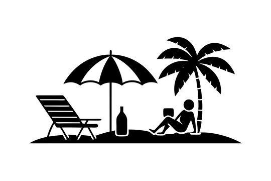 recommend clip art: Beach chair silhouette with sun, silhouette of man, woman, umbrella and palm vector illustration.