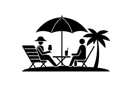 recommend clip art: Beach chair silhouette with sun, silhouette of man, woman, umbrella and palm vector illustration.