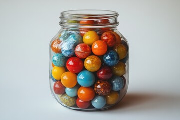 A solitary glass jar filled with colorful marbles, representing childhood and playfulness, isolate on white background. 