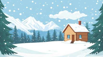 Fototapeta premium Winter cabin nestled in a snowy forest with large sky space for text
