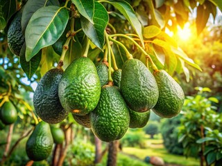 Ripe Organic Hass Avocado Fruits on Lush Green Trees in Gran Canaria Plantation Garden