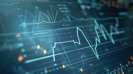 Fototapeta premium Close-up digital screen showing line graph with upward and downward trends, symbolizing cancer research progress and setbacks, medical charts and scientific symbols in background.