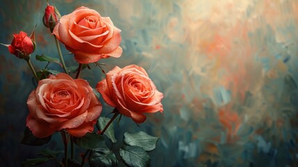 Delicate roses bloom elegantly against an abstract backdrop in a soft, romantic light, creating a serene atmosphere. Generative AI
