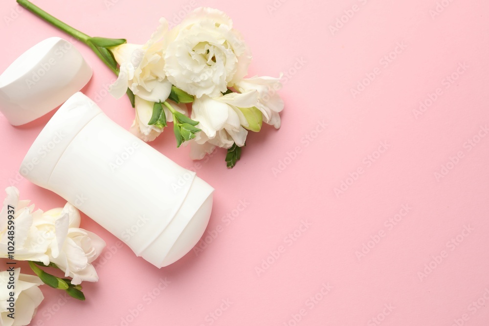 Poster Solid deodorant and beautiful eustoma flowers on pink background, flat lay. Space for text