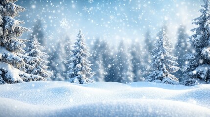 Fototapeta premium Winter forest with heavy snowfall, blurred snowflakes offering copy space