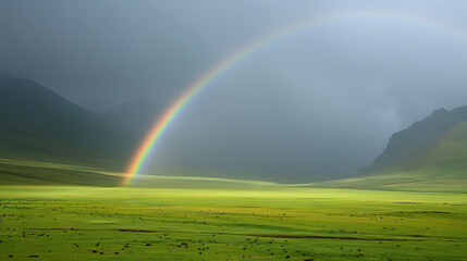 Obraz premium Rainbow Arcing Over a Green Meadow After a Rainstorm | Captivating Nature Scene Symbolising Hope and Renewal