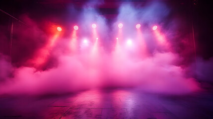 Fototapeta premium Stage with colorful lights and fog, creating a dramatic atmosphere.