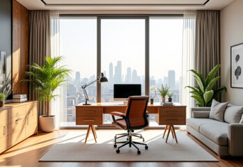 Fototapeta premium home office with a large bright window , minimalism
