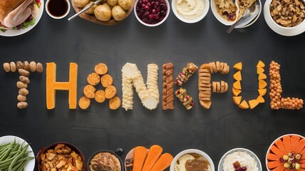 A vibrant arrangement of various foods creatively spells "THANKFUL," highlighting a festive atmosphere centered around gratitude and togetherness.