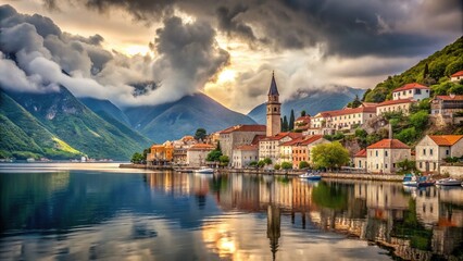 Fototapeta premium Scenic Portrait of Perast on a Cloudy Day - Bay of Kotor, Montenegro Travel Photography