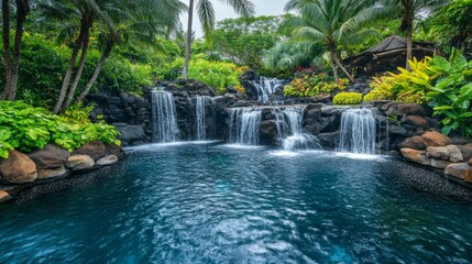 Naklejka premium Serene Tropical Waterfall in Lush Green Environment