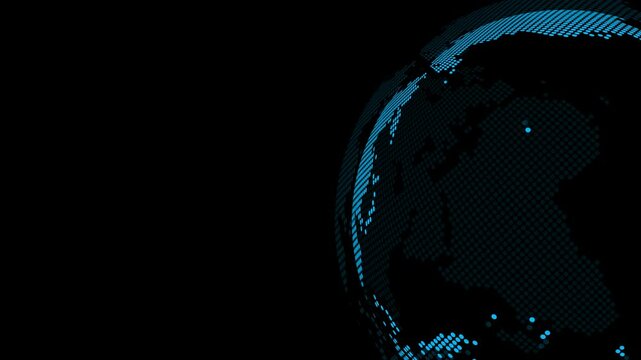 Animated 4k blue dot pixelated globe in landscape view