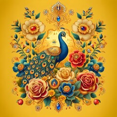 Obraz premium Flowers and a peacock surround a peacock golden with colored roses 