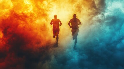 Two men running in the clouds of smoke