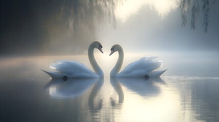 Couple of swans swimming on a calm lake An elegant pair of swans swimming in sync on a smooth lake surrounded by lush vegetation.