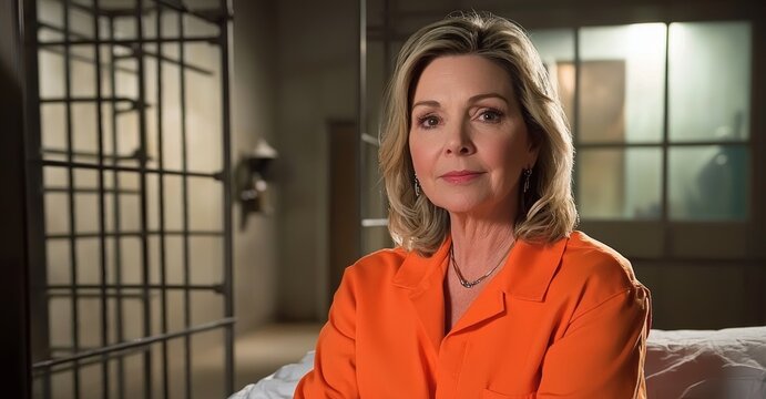 Woman in orange jail uniform sits on bed in prison cell, depressed. The justice system incarcerates women who commit crimes in detention centers or correctional facilities.