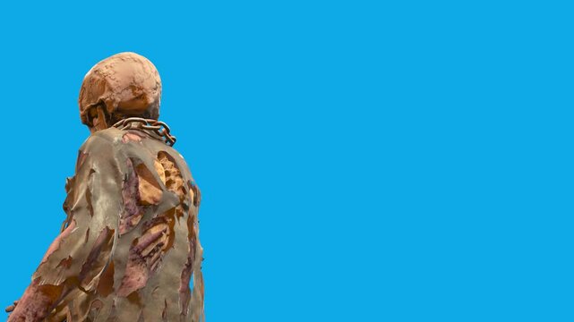 Killer Skeleton Monster Strikes with Axe Side Blue Screen Horror Halloween 3D Animations Rendering CGI
