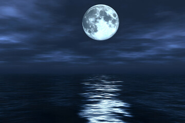 A full moon shines brightly in the night sky over a calm, dark ocean.  The moon's reflection shimmers on the water's surface.