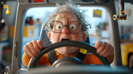 Overworked 3D Clay Figurine of a Driver Hunched Over a Steering Wheel Expressing Fatigue and Back Pain from Prolonged Hours of Sitting and Driving